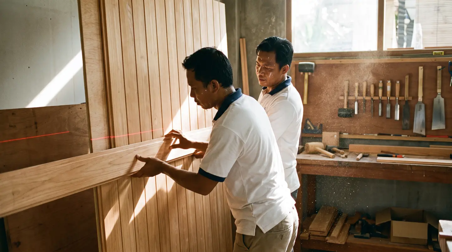 Sauna Canggu carpenters assembling a cedar sauna cabin in the Bali workshop