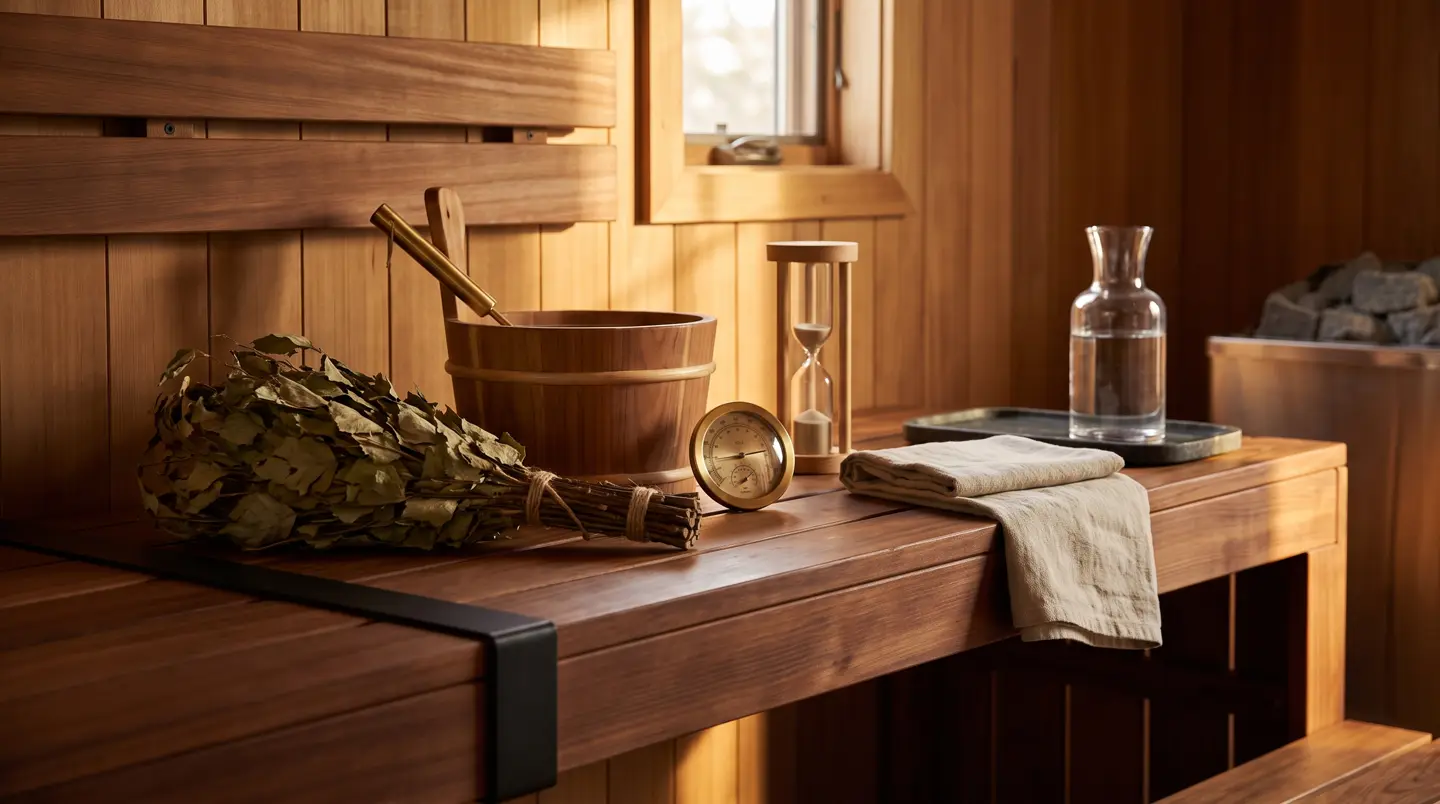 Sauna accessories: birch whisk, wooden bucket, brass ladle, sand timer and thermometer