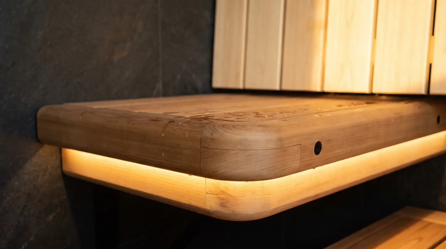 Close-up of precision joinery on a cedar sauna bench with hidden warm LED