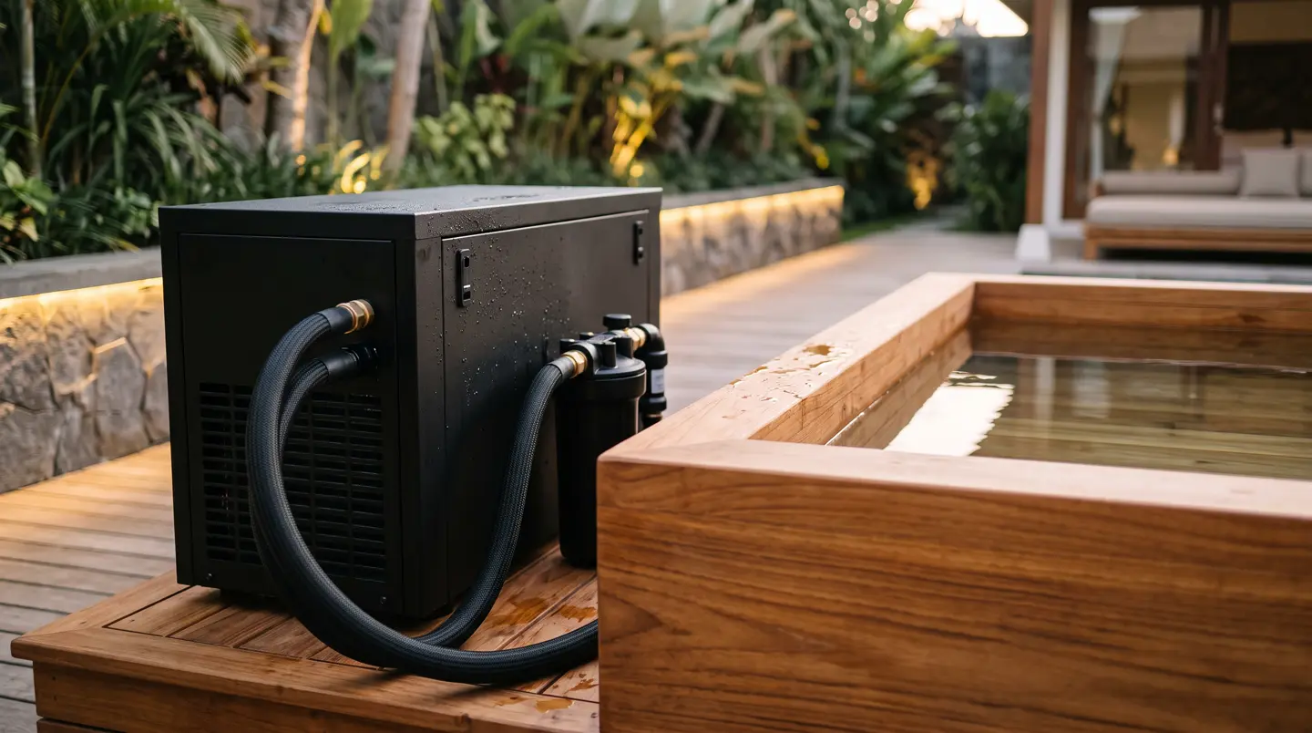 Close-up of a modern black chiller and insulated hoses beside a teak plunge tub