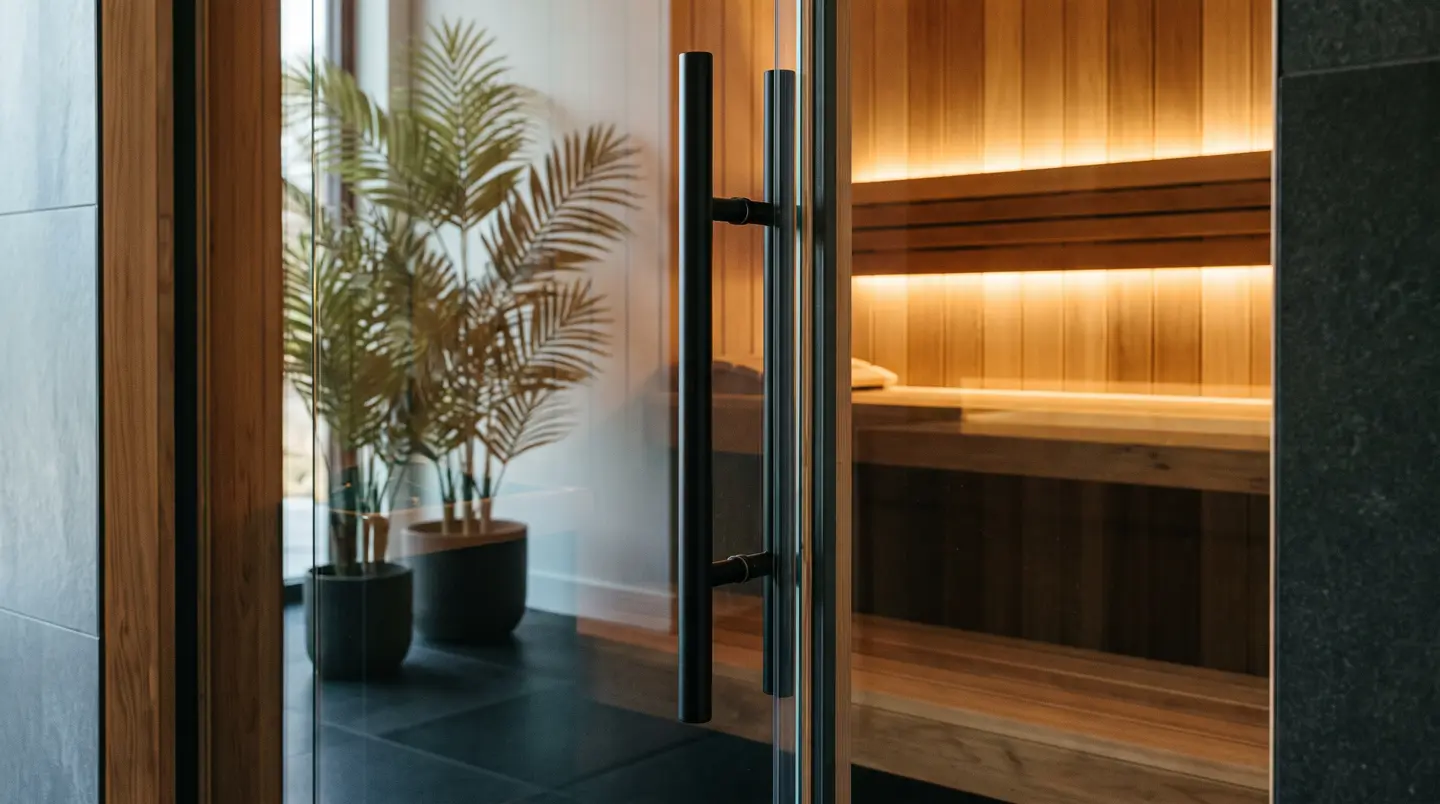 Close-up of a frameless glass sauna door with a matte black handle and magnetic seal