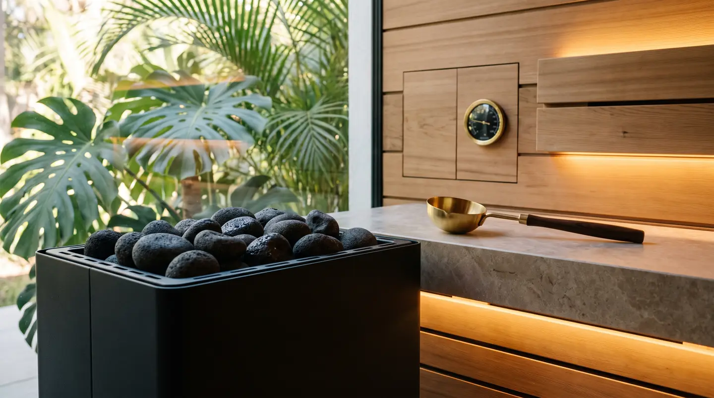Close-up of a black sauna heater full of volcanic stones with a brass ladle and thermometer