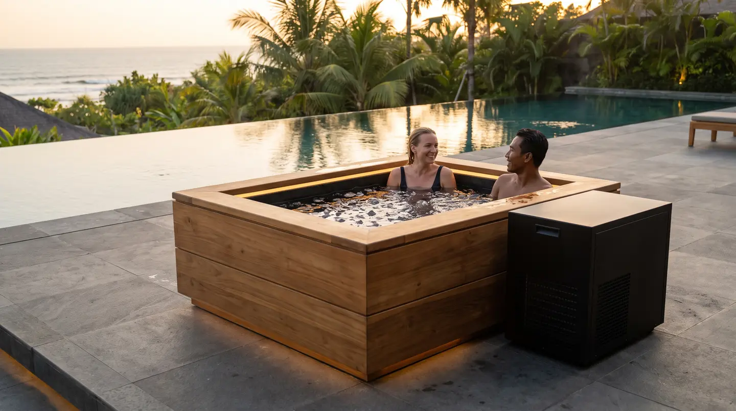 Wooden ice bath and chiller on a Bali villa terrace, cold plunge