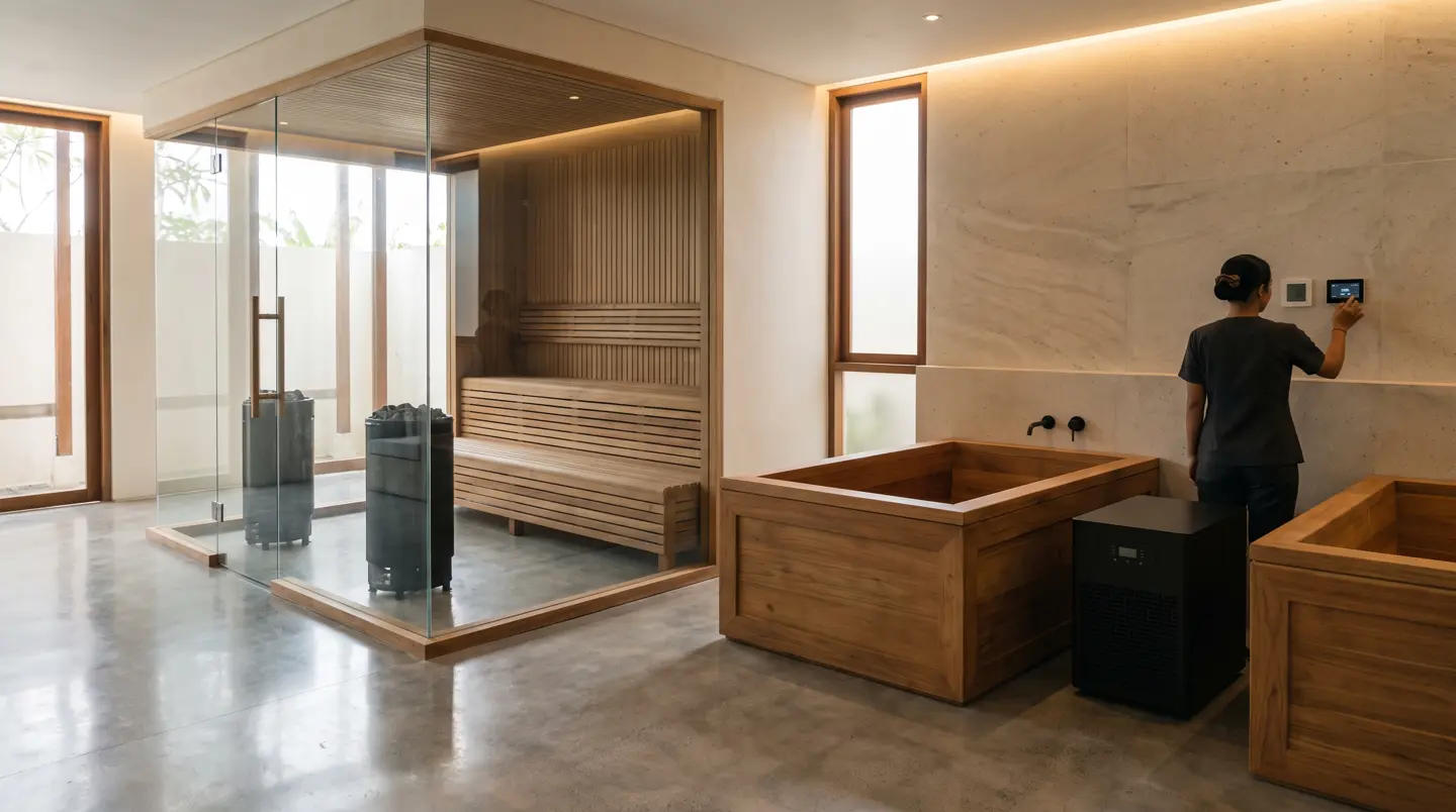 Project: Rice-field villa in Pererenan: glass-front cedar sauna and cold plunge in Pererenan, Badung
