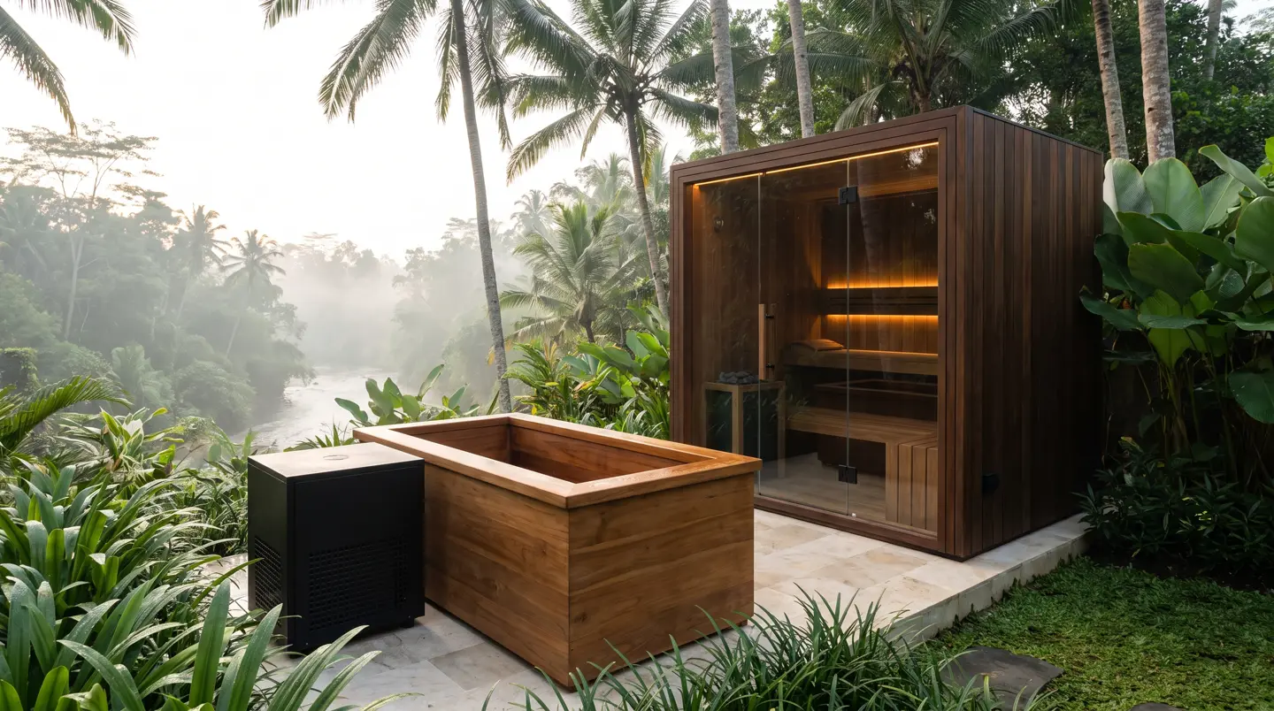 Sauna and teak cold plunge installed in Ubud, Bali