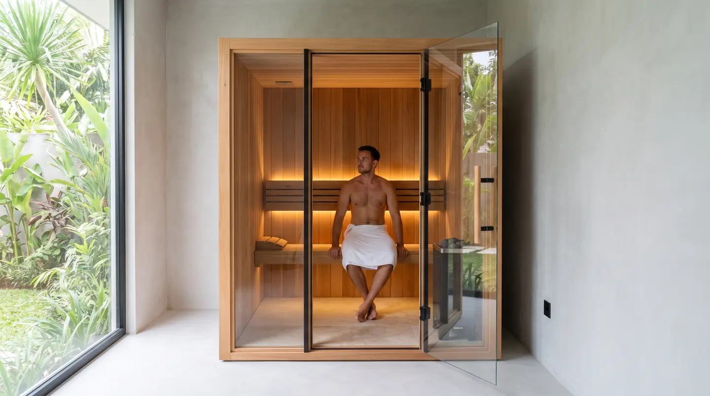 Compact prefab sauna cabin for two in a Bali villa spare room