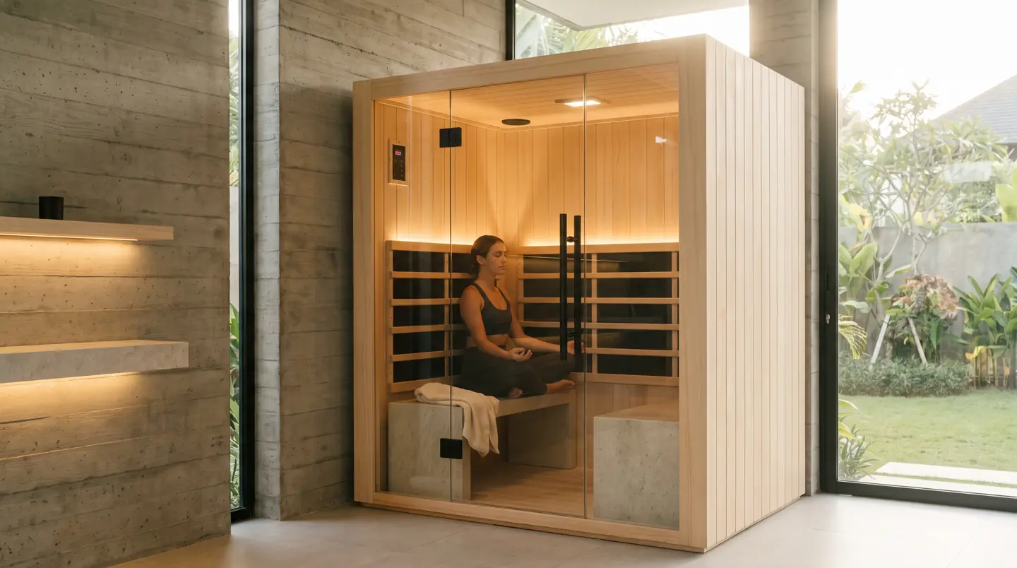 Infrared sauna cabin with carbon panels in a Bali villa bedroom