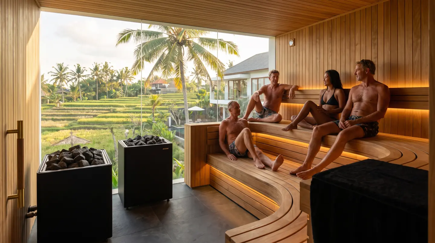 Four-person dry sauna interior with cedar benches, custom-built in Bali