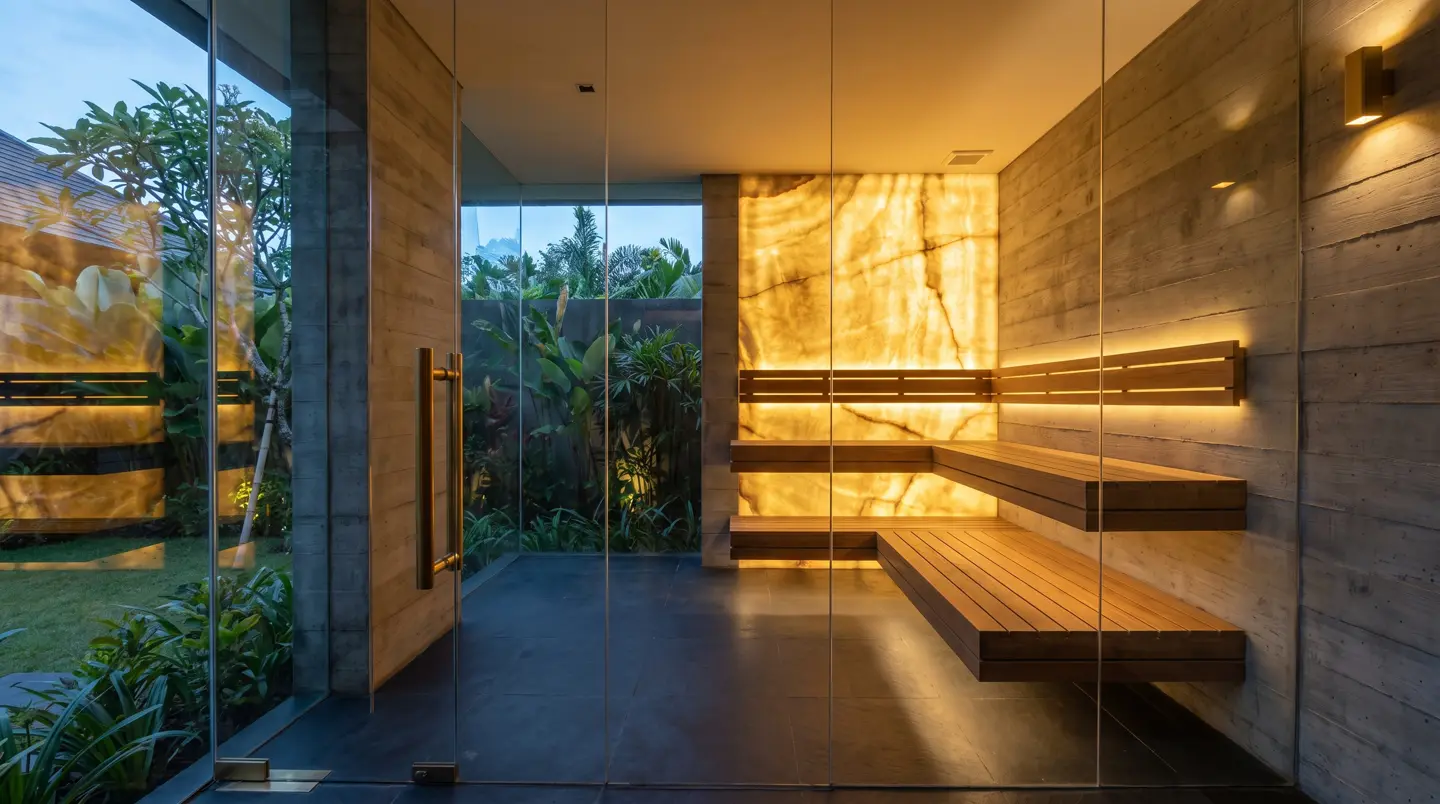 Luxury custom sauna with glass walls and backlit onyx, Pererenan Bali