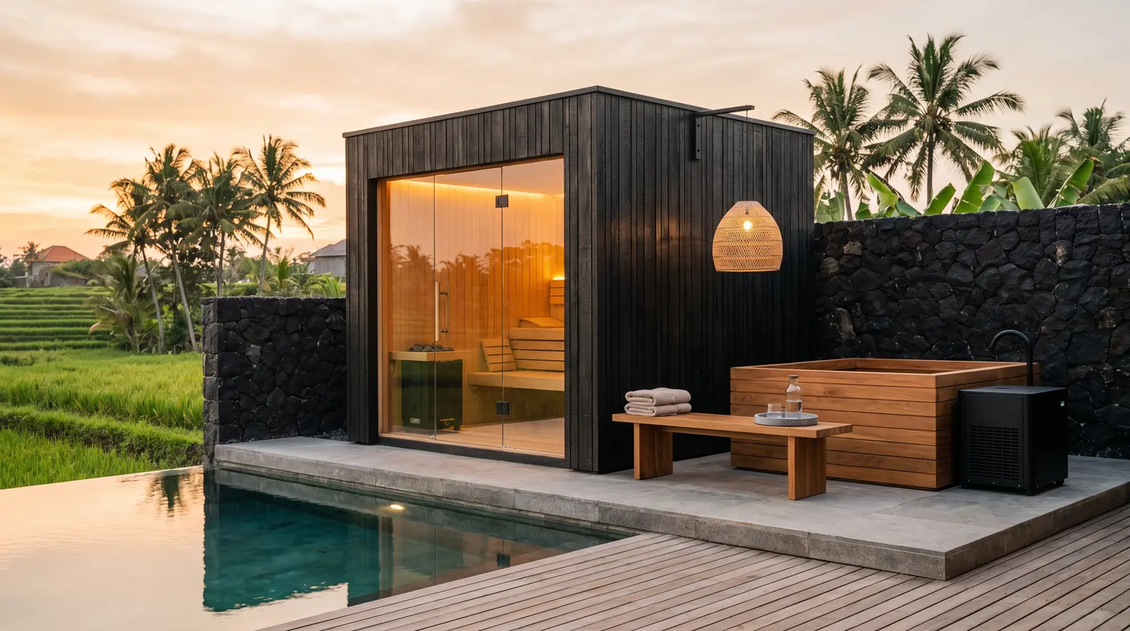 Glass-front cedar sauna and cold plunge at a Canggu villa, Bali