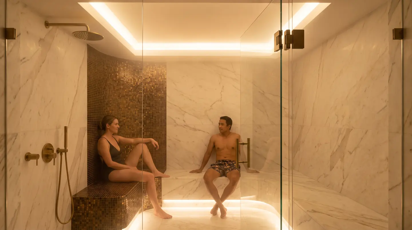Mosaic-tiled home steam room with glass door, built in Bali