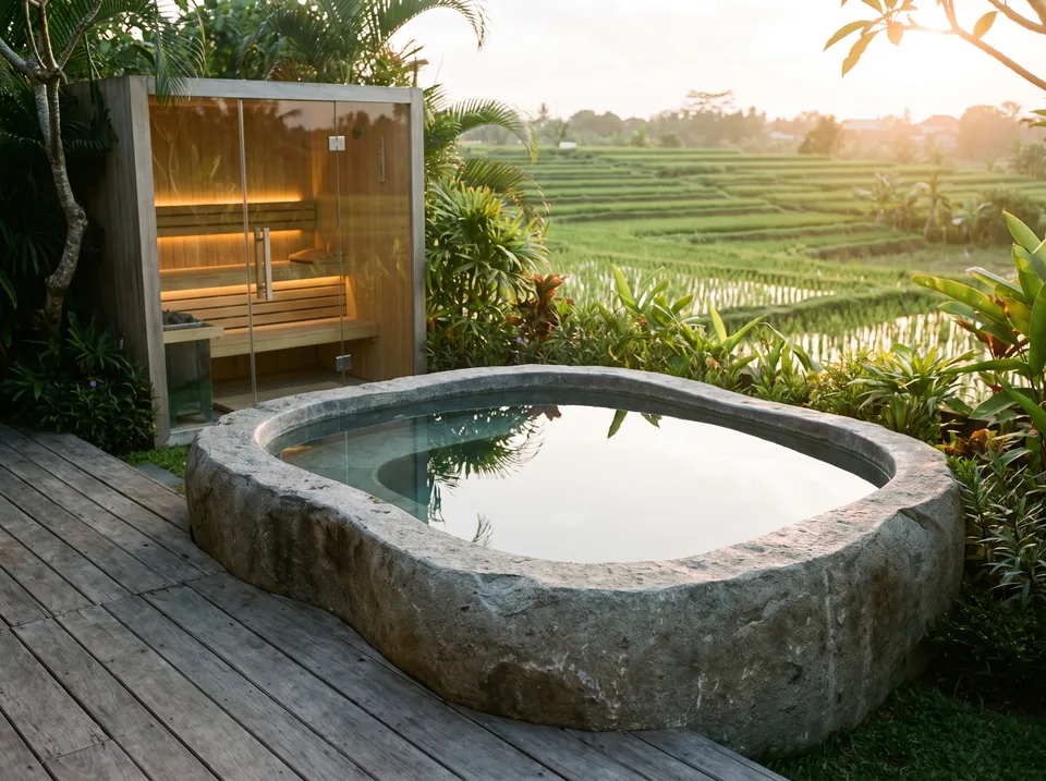 Natural stone cold plunge beside a glass-walled sauna over Canggu rice fields