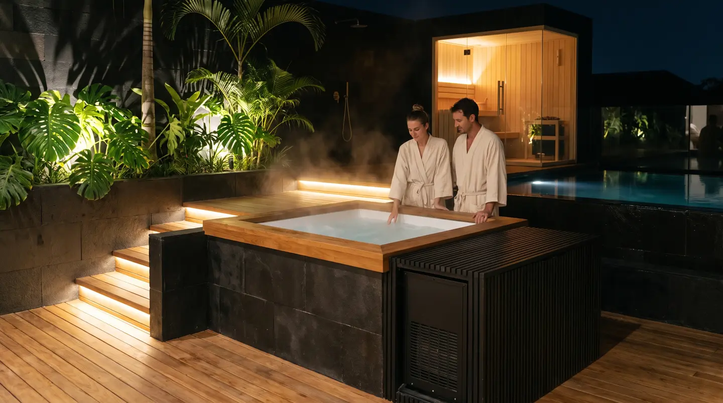 Evening wellness terrace with a glowing glass sauna and a teak plunge tub in Bali
